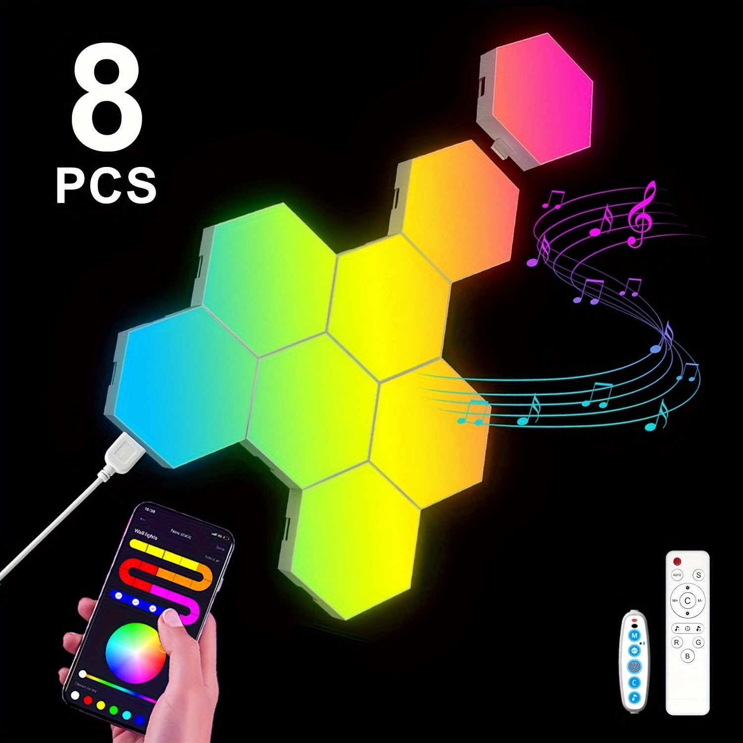 Smart LED Light Panels Hexagon - App & Remote Controlled, Music Sync, DIY Modular Wall Lighting, USB Powered, RGB Multicolor for Gaming Room, Bedroom, Living Room Decor (3/8/12/20 Pack Available)