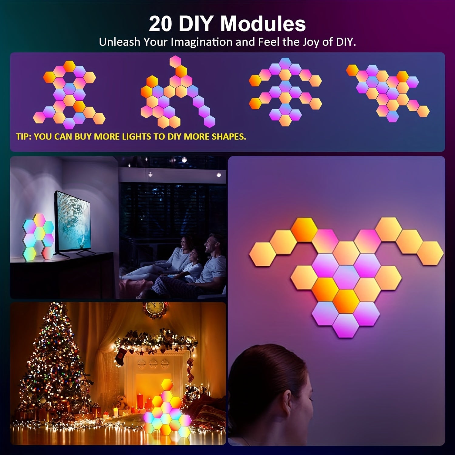 Smart LED Light Panels Hexagon - App & Remote Controlled, Music Sync, DIY Modular Wall Lighting, USB Powered, RGB Multicolor for Gaming Room, Bedroom, Living Room Decor (3/8/12/20 Pack Available)