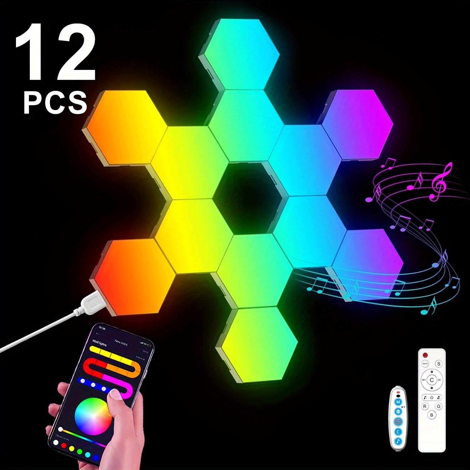 Smart LED Light Panels Hexagon - App & Remote Controlled, Music Sync, DIY Modular Wall Lighting, USB Powered, RGB Multicolor for Gaming Room, Bedroom, Living Room Decor (3/8/12/20 Pack Available)