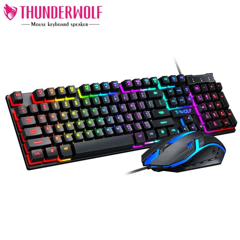 T-WOLF TF200 Spanish Gaming Wired Keyboard and Mouse Combo Computer 104key rainbow Backlight Keyboard Mouse Set for PC Desktop