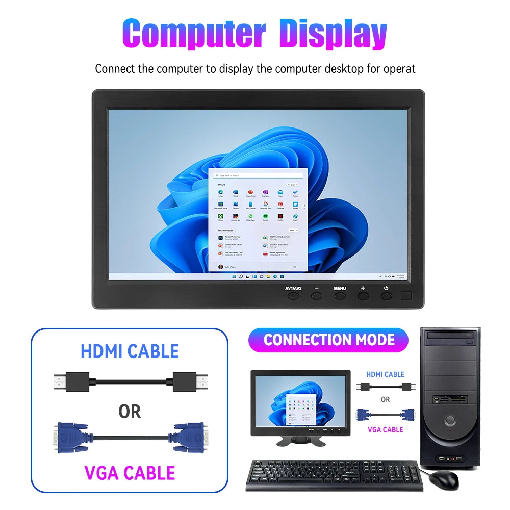10.1 Pc Monitor 1920x1200 Monitor for Raspberry Pi PS3 PS4 XBOX360 System CCTV with VGA HDMI BNC USB LCD Display for Car