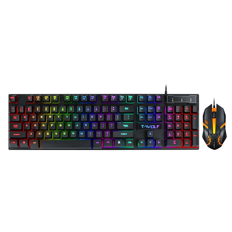 T-WOLF TF200 Spanish Gaming Wired Keyboard and Mouse Combo Computer 104key rainbow Backlight Keyboard Mouse Set for PC Desktop
