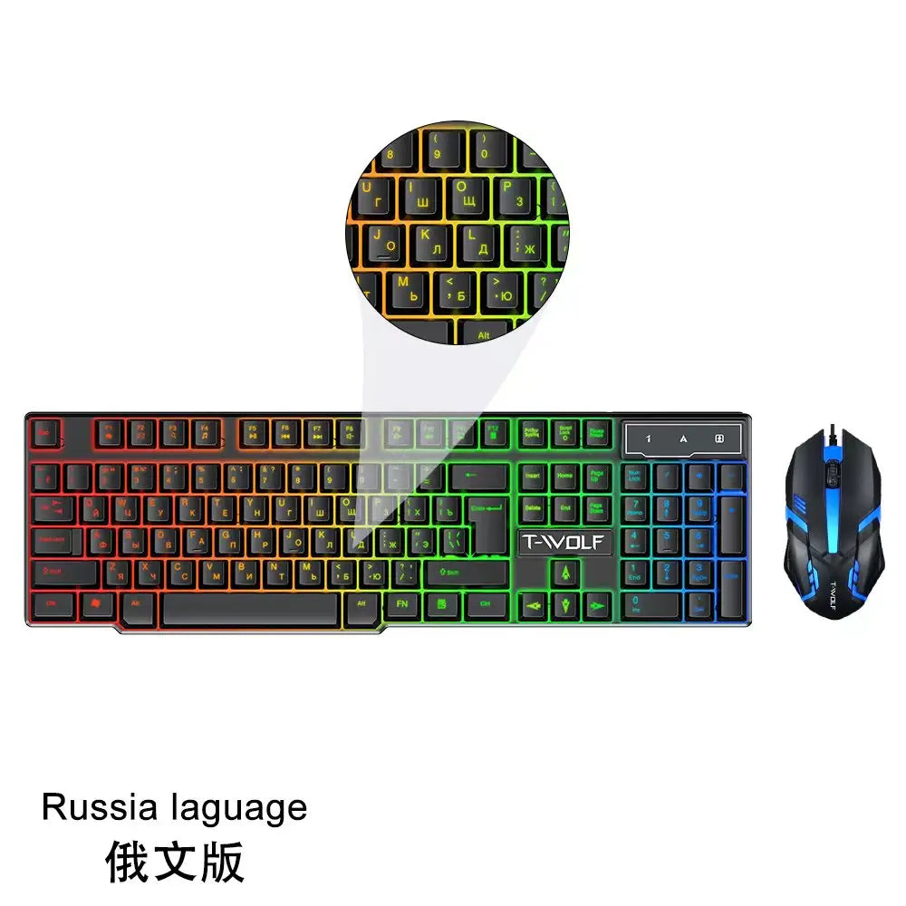 T-WOLF TF200 Spanish Gaming Wired Keyboard and Mouse Combo Computer 104key rainbow Backlight Keyboard Mouse Set for PC Desktop