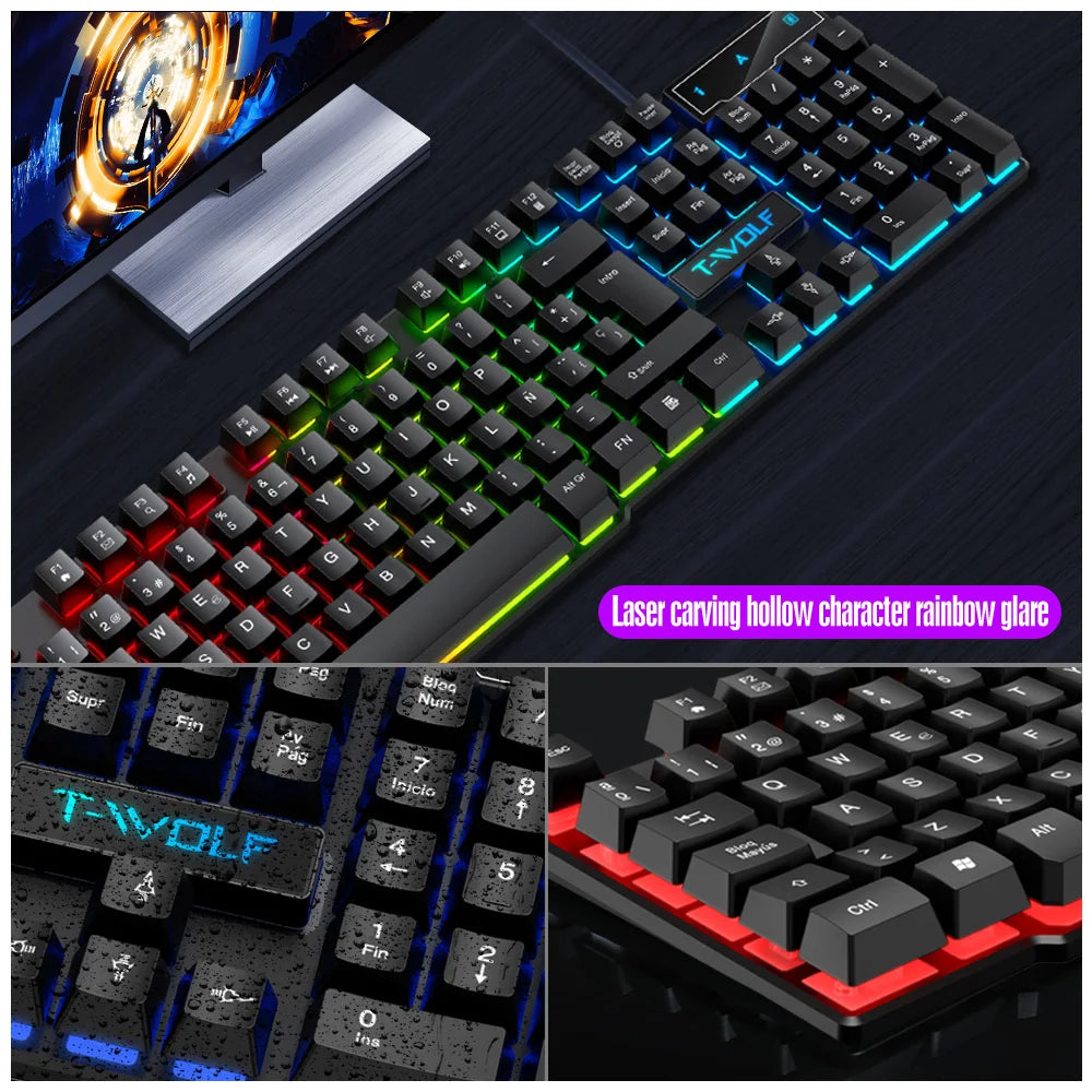 T-WOLF TF200 Spanish Gaming Wired Keyboard and Mouse Combo Computer 104key rainbow Backlight Keyboard Mouse Set for PC Desktop