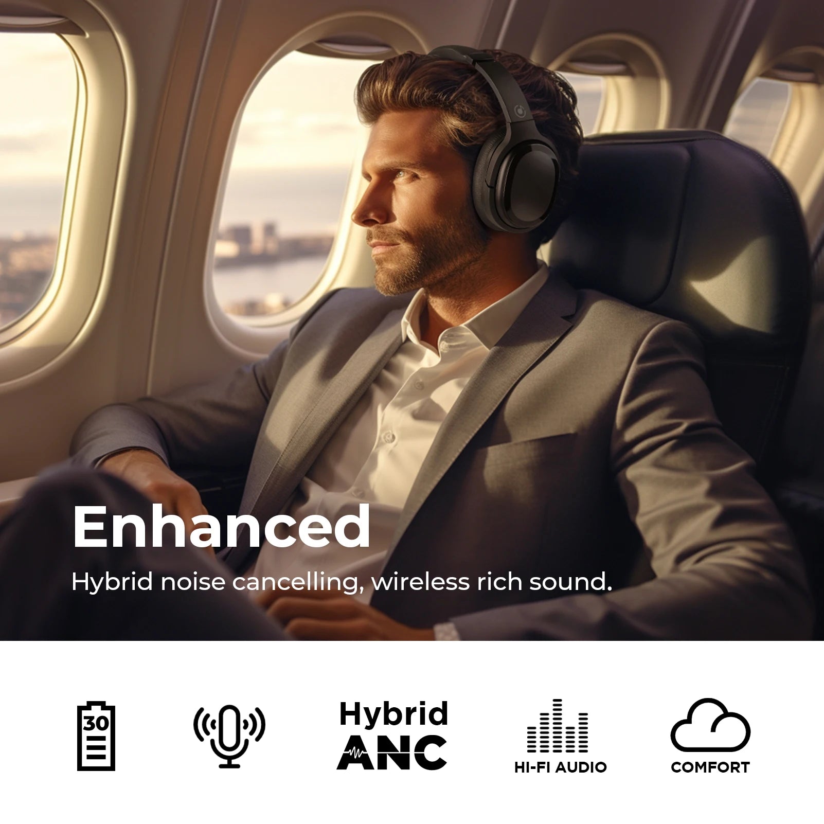 Hybrid ANC Headphones Wireless BT5.3 Noise Cancelling Earphones with Long Playtime for Gaming