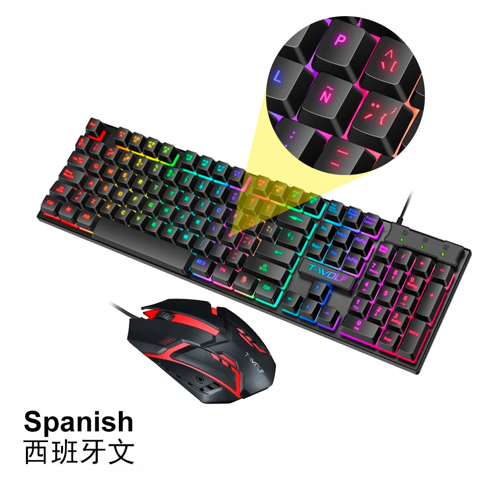 T-WOLF TF200 Spanish Gaming Wired Keyboard and Mouse Combo Computer 104key rainbow Backlight Keyboard Mouse Set for PC Desktop