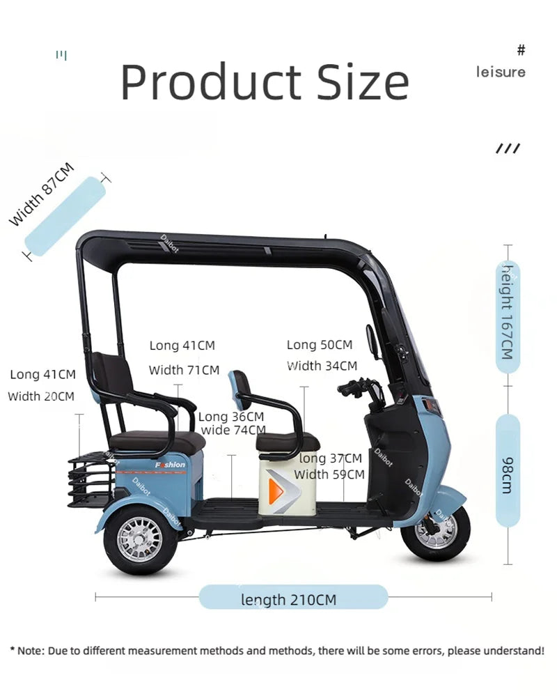Electric Scooter Bike Parent Child 3 Wheels With Roof 3 Seat Long Range 50KM For Adults Women 1000w Passenger Electric Tricycle