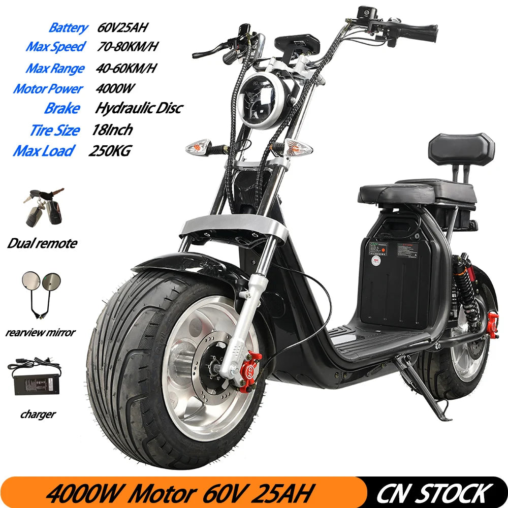 Citycoco Electric Scooter 4000W Powerful Motor Max Speed 60-70KM/H 60V25AH Battery Charging Mileage 40-60KM Max Load 250KG