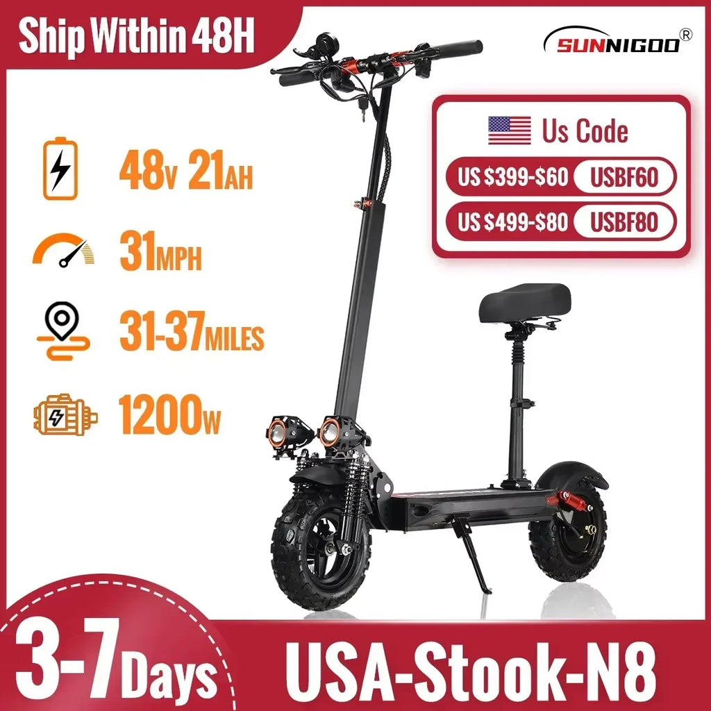 1200W Powerful Electric Scooter 48V 21Ah 31Mph 31-37Miles Range 11'' Tires Dual Shock Absorbing Folding EScooter for Adults