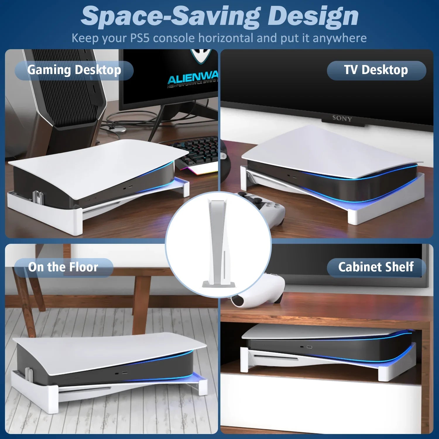 Horizontal Stand For PS5 Console, Anti-Slip Base with EVA Foam, Secure Fit With Screw, White ABS Bracket
