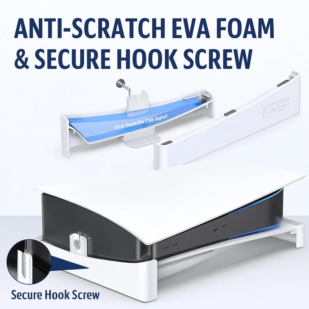 Horizontal Stand For PS5 Console, Anti-Slip Base with EVA Foam, Secure Fit With Screw, White ABS Bracket