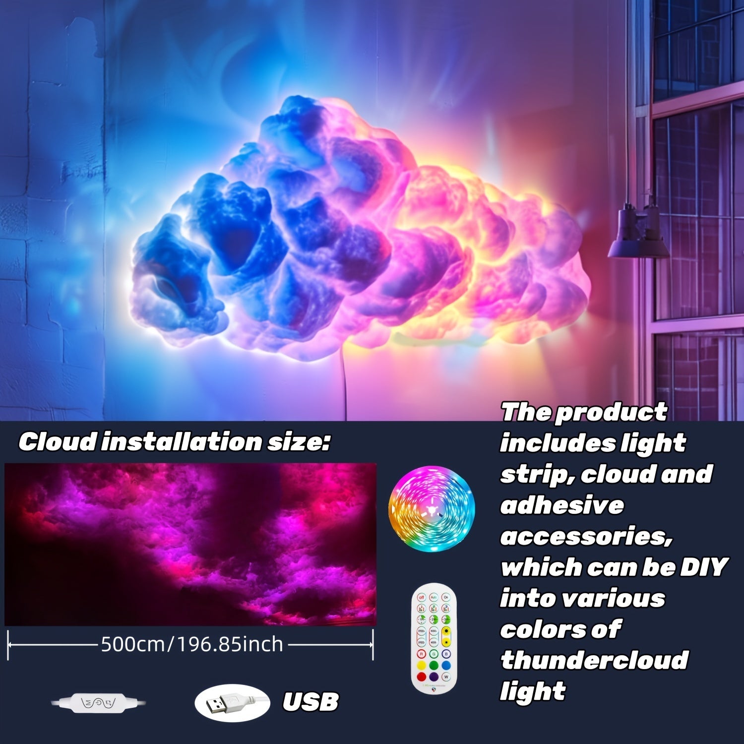 16FT Big Cloud Light: Music Sync Multicolor Changing Strip Light for Gaming Room or Bedroom - DIY Decorations, USB Power, Remote Control, and Adjustable Height, perfect for Christmas gifts, holiday office, bedroom, hotel, par