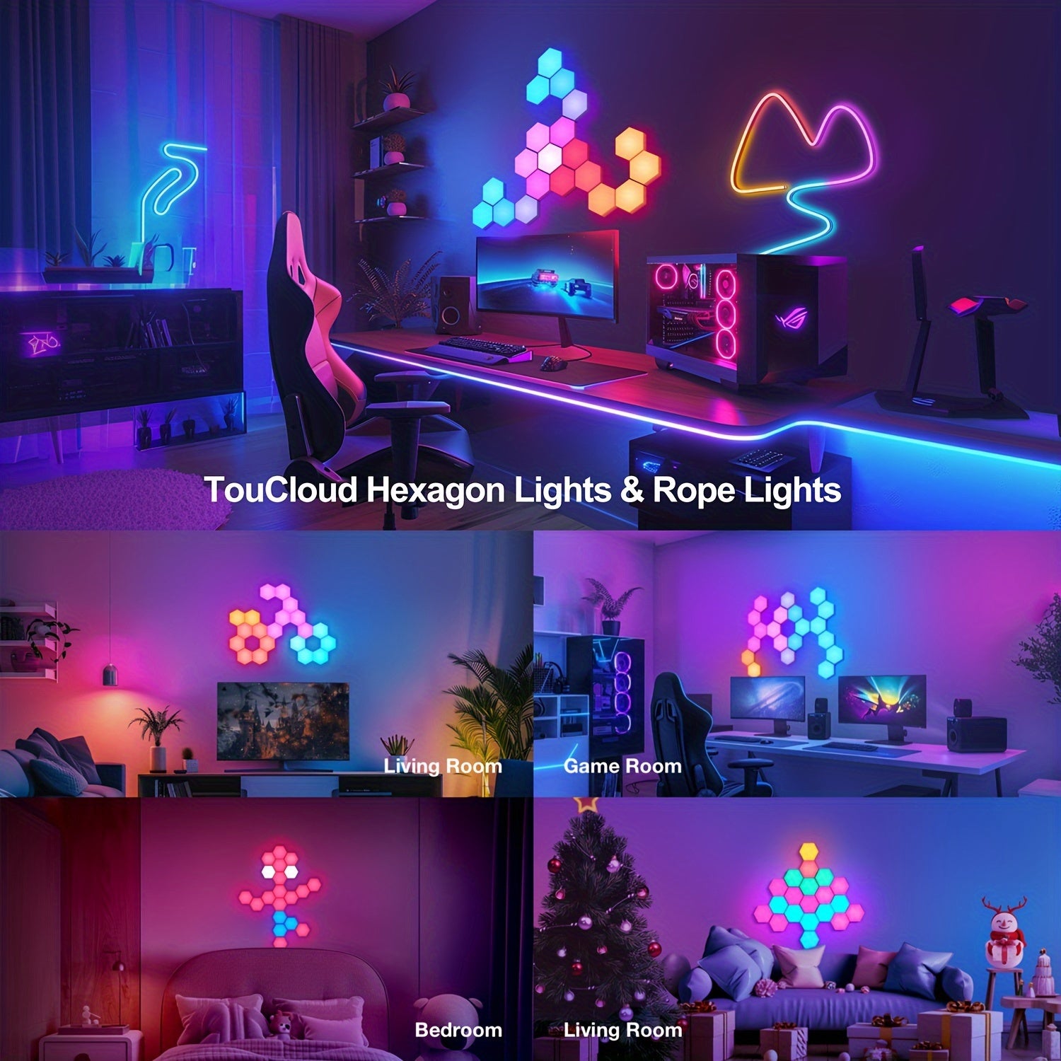 Smart LED Light Panels Hexagon - App & Remote Controlled, Music Sync, DIY Modular Wall Lighting, USB Powered, RGB Multicolor for Gaming Room, Bedroom, Living Room Decor (3/8/12/20 Pack Available)