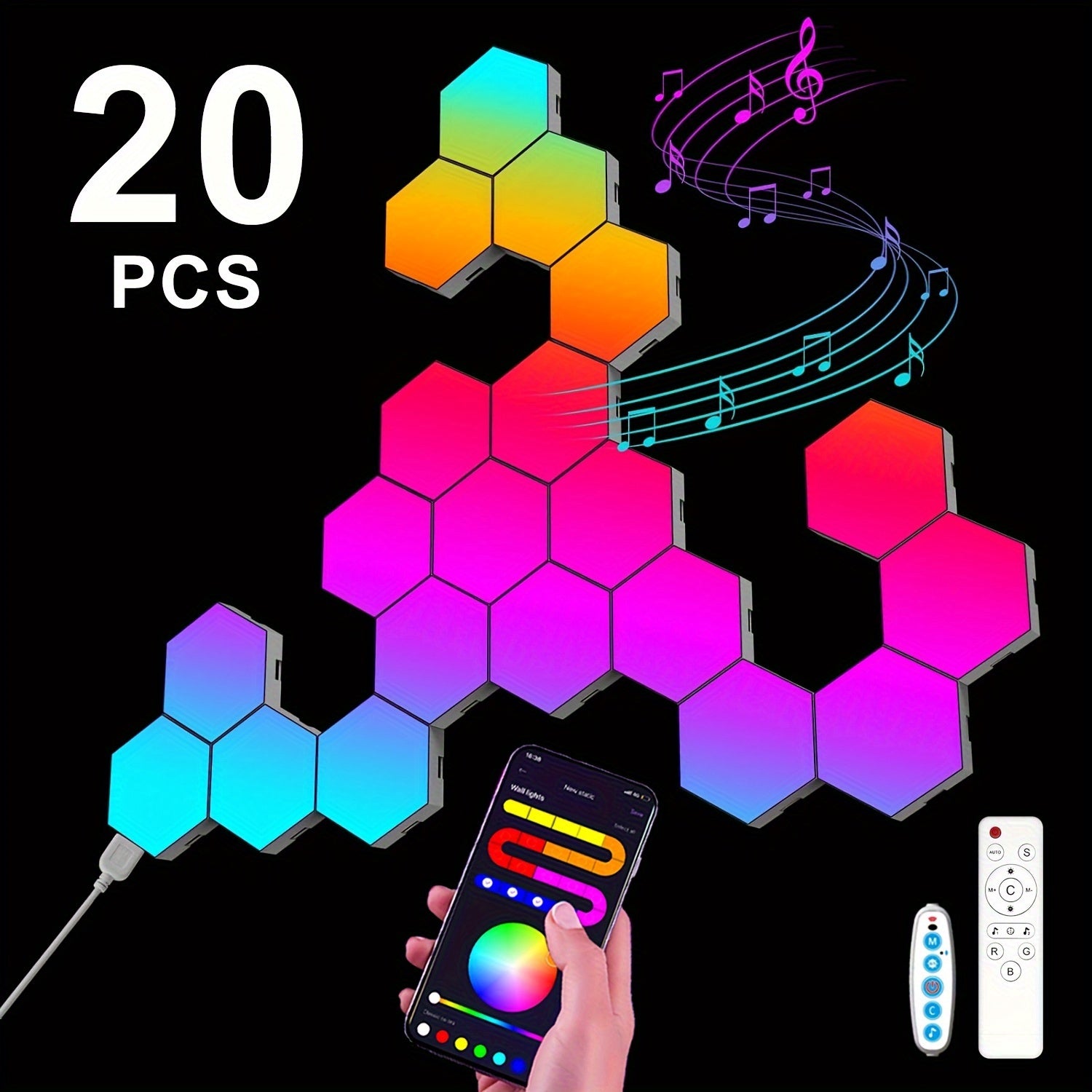 Smart LED Light Panels Hexagon - App & Remote Controlled, Music Sync, DIY Modular Wall Lighting, USB Powered, RGB Multicolor for Gaming Room, Bedroom, Living Room Decor (3/8/12/20 Pack Available)