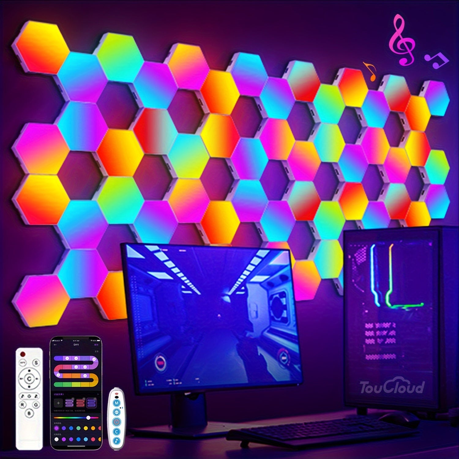 Smart LED Light Panels Hexagon - App & Remote Controlled, Music Sync, DIY Modular Wall Lighting, USB Powered, RGB Multicolor for Gaming Room, Bedroom, Living Room Decor (3/8/12/20 Pack Available)