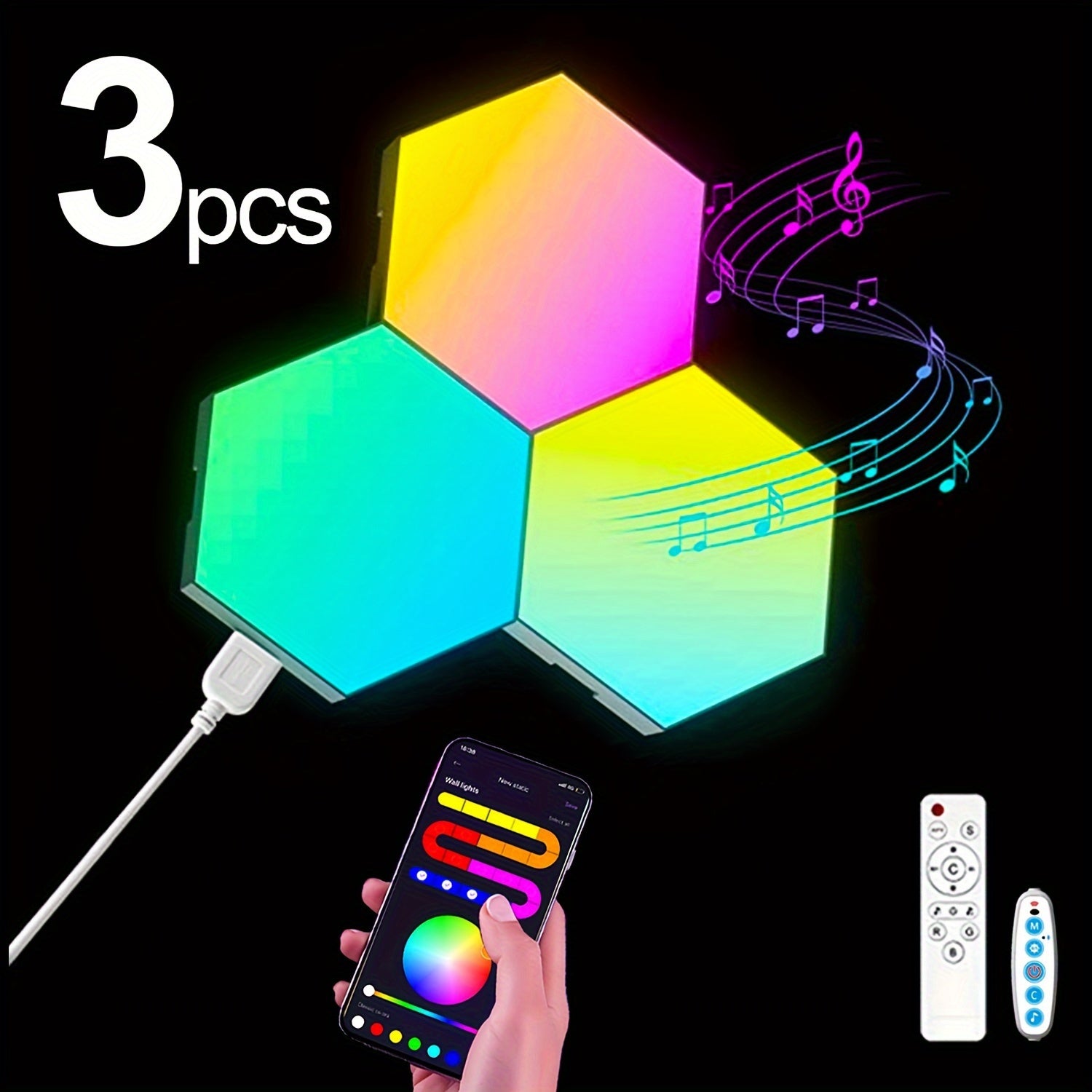 Smart LED Light Panels Hexagon - App & Remote Controlled, Music Sync, DIY Modular Wall Lighting, USB Powered, RGB Multicolor for Gaming Room, Bedroom, Living Room Decor (3/8/12/20 Pack Available)